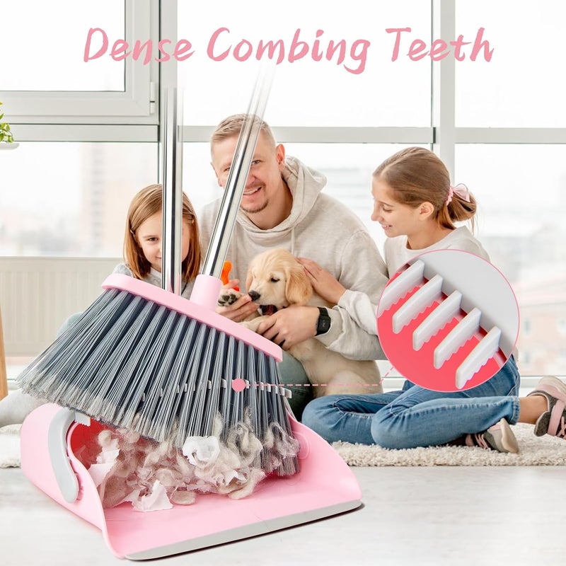 OOOFLOWER Broom and Dustpan Combo Set, Long Handle and Standing Dust Pan with Comb Teeth, Efficient Floor Cleaning for Kitchen, Outdoor, Dorm, Apartment, Office Lobby (Pink Gray) - Image 4